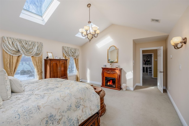 bedroom featuring light carpet, a warm lit fireplace, baseboards, visible vents, and vaulted ceiling