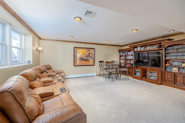 living room with visible vents, baseboards, a baseboard radiator, ornamental molding, and carpet floors