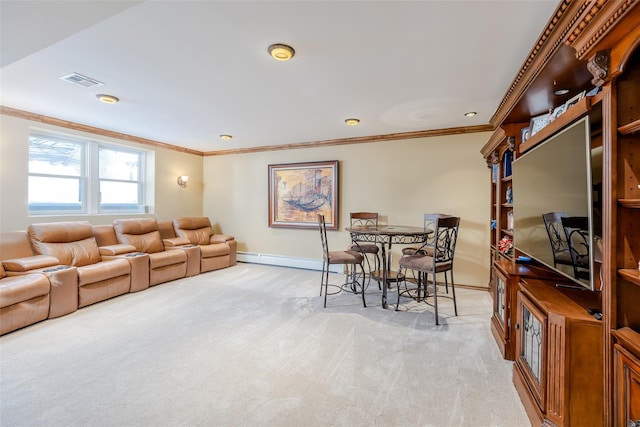 dining area featuring ornamental molding, light colored carpet, visible vents, and a baseboard heating unit