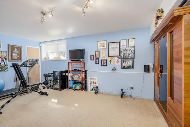 exercise area with carpet floors and track lighting