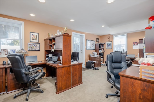 carpeted office space featuring recessed lighting