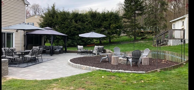 view of patio / terrace featuring an outdoor living space with a fire pit