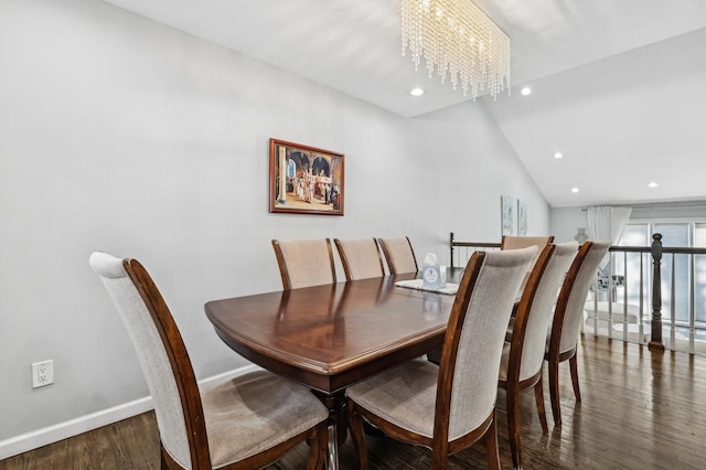 dining area featuring baseboards, dark wood finished floors, a notable chandelier, and recessed lighting