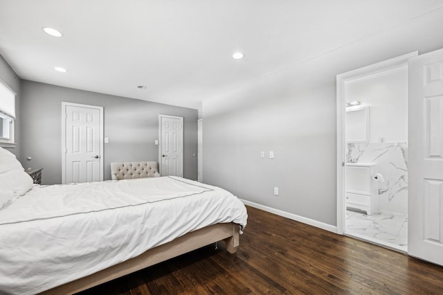 bedroom with ensuite bath, baseboards, dark wood finished floors, and recessed lighting