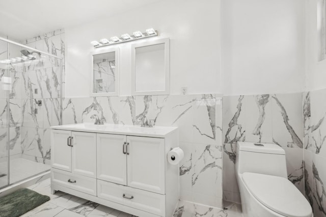 bathroom featuring toilet, marble finish floor, a marble finish shower, and a sink