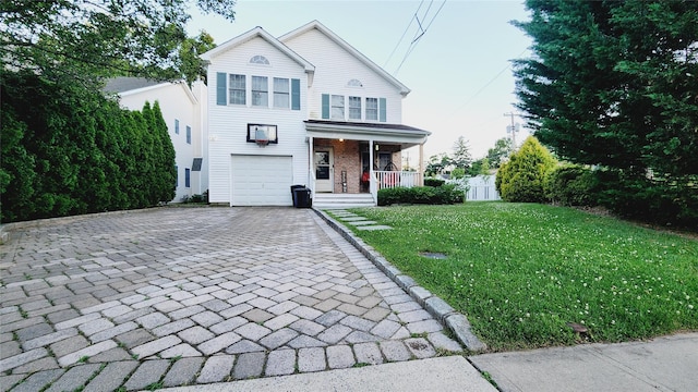 traditional-style home featuring covered porch, a front lawn, decorative driveway, and an attached garage