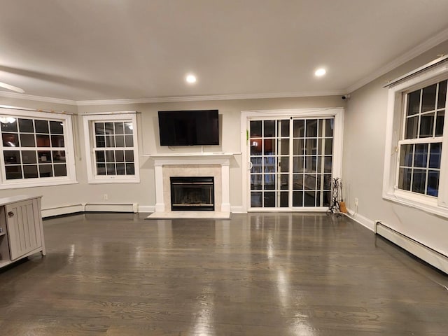 unfurnished living room featuring ornamental molding, a baseboard radiator, a fireplace, and dark wood-style floors