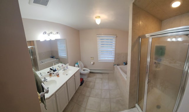 bathroom with a garden tub, toilet, visible vents, tile patterned floors, and a stall shower