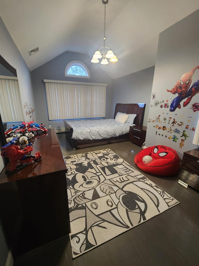 bedroom featuring a chandelier, lofted ceiling, and visible vents