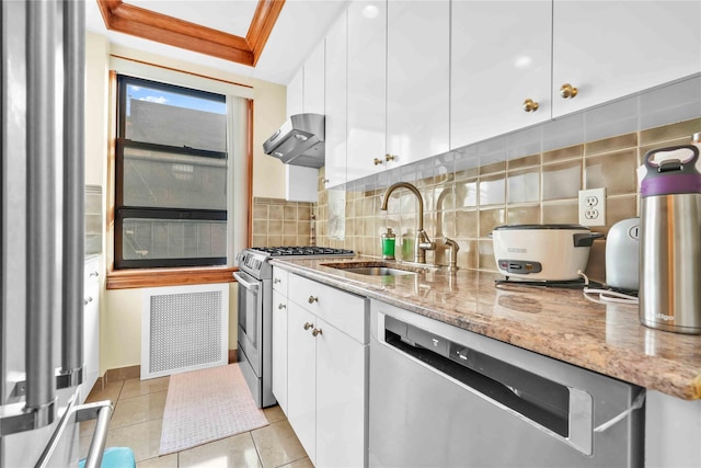 kitchen featuring appliances with stainless steel finishes, ventilation hood, a sink, and white cabinetry