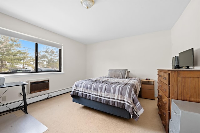 bedroom featuring light carpet, an AC wall unit, and a baseboard radiator