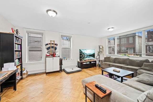 living room with light parquet floors