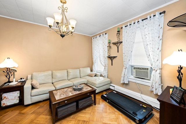 living room with a notable chandelier, ornamental molding, cooling unit, and light parquet floors