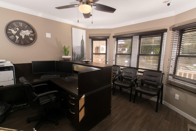 home office with ceiling fan, dark hardwood / wood-style flooring, and ornamental molding