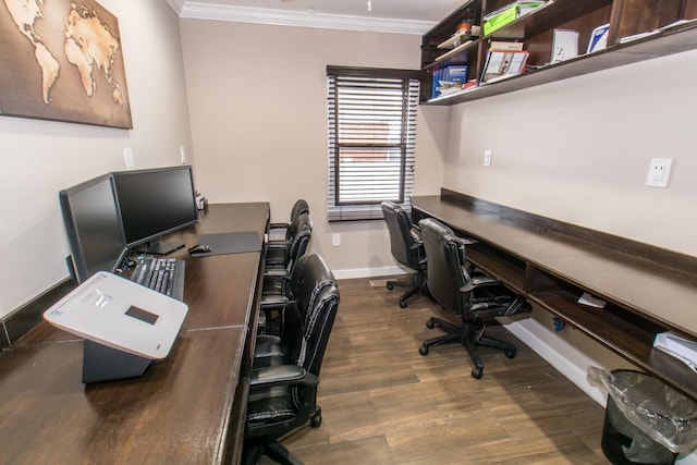 office space featuring ornamental molding and dark wood-type flooring