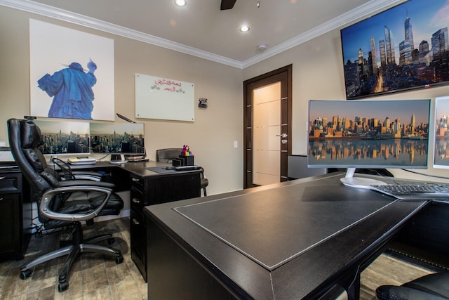 home office with ceiling fan, ornamental molding, and hardwood / wood-style floors