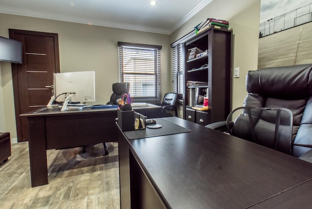 office featuring ornamental molding and hardwood / wood-style floors