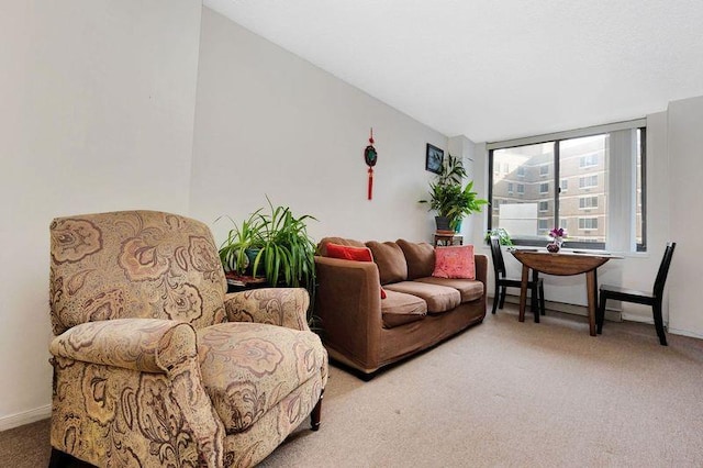 living room featuring baseboards and light colored carpet