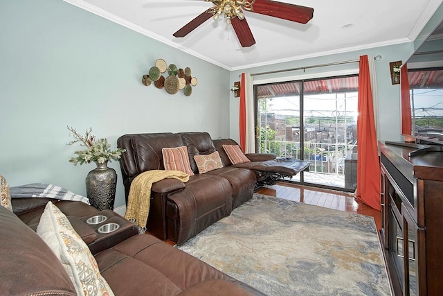 4016 Wilder Ave, Bronx, NY 10466 - living area featuring wood finished floors, a ceiling fan, and ornamental molding