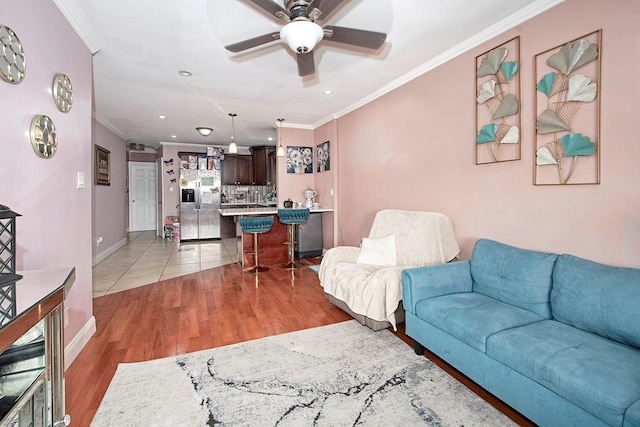 4016 Wilder Ave, Bronx, NY 10466 - living area featuring crown molding, a ceiling fan, light wood-type flooring, baseboards, and recessed lighting