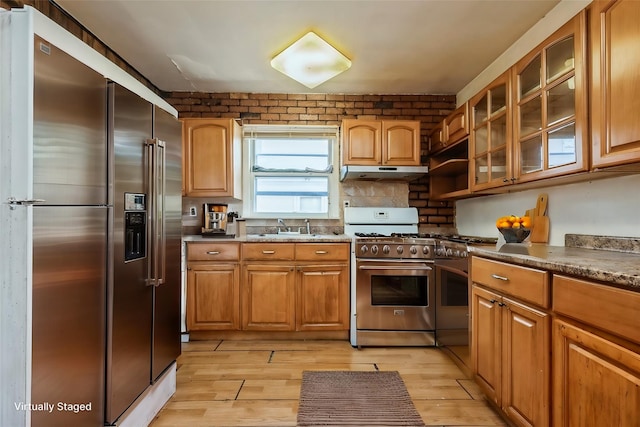 kitchen with light wood finished floors, high end appliances, glass insert cabinets, under cabinet range hood, and a sink