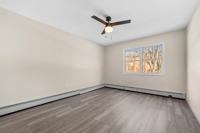 spare room with light wood-type flooring and a ceiling fan