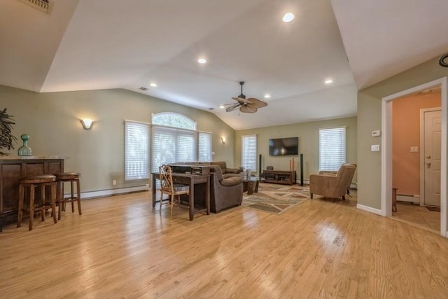 living area featuring light wood-style flooring, a baseboard radiator, ceiling fan, and lofted ceiling