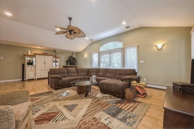 living room with light wood-style flooring, recessed lighting, a ceiling fan, vaulted ceiling, and baseboard heating