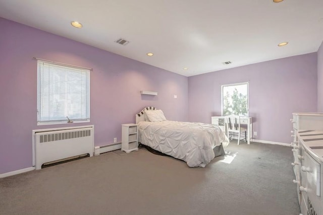 bedroom featuring visible vents, baseboards, radiator heating unit, baseboard heating, and recessed lighting