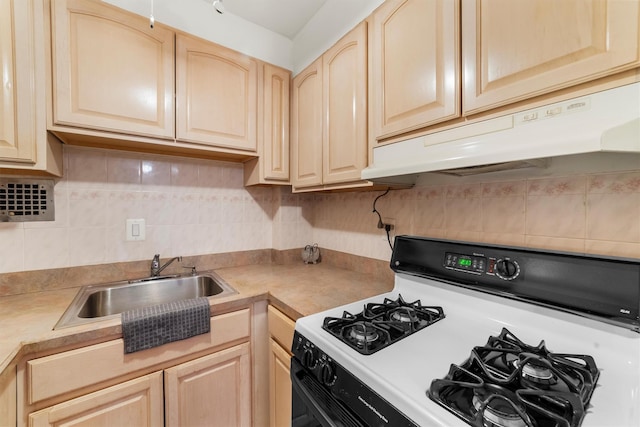 kitchen featuring under cabinet range hood, tasteful backsplash, a sink, and white gas stove