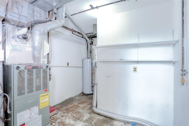 utility room with a garage, heating unit, and water heater