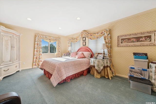 bedroom with carpet, baseboards, and wallpapered walls