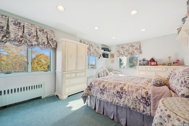 bedroom featuring recessed lighting, radiator, and carpet flooring