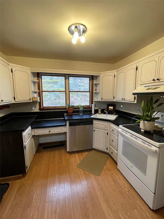 kitchen featuring open shelves, stainless steel dishwasher, under cabinet range hood, and white range with electric cooktop