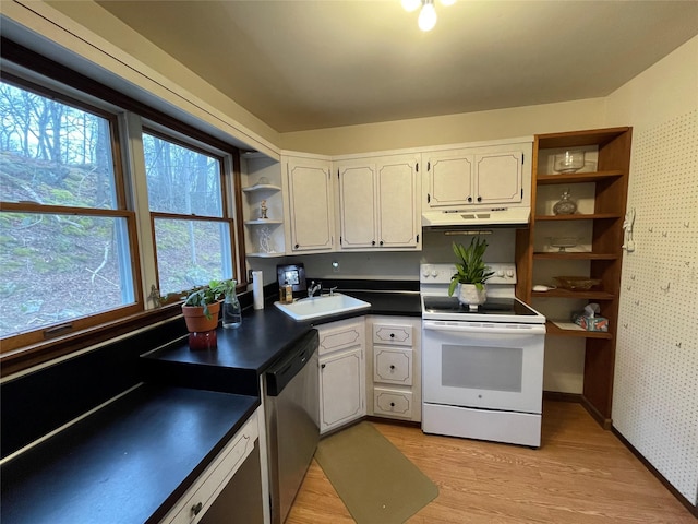 kitchen with open shelves, electric range, a sink, under cabinet range hood, and stainless steel dishwasher