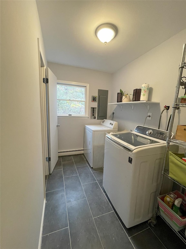 laundry room featuring baseboards, washer and clothes dryer, dark tile patterned floors, electric panel, and laundry area