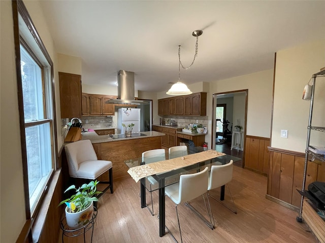 kitchen featuring light wood-style flooring, tasteful backsplash, wainscoting, and island range hood