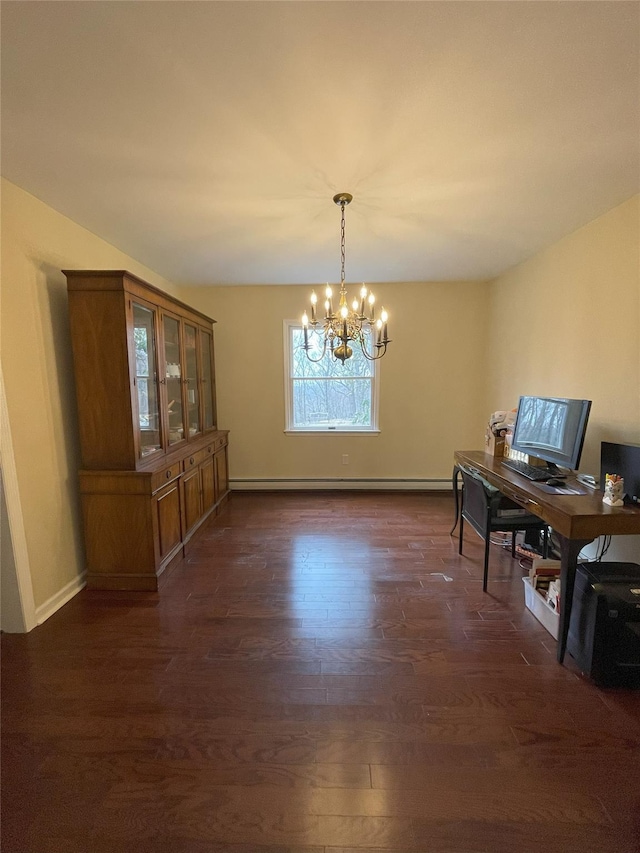 dining space featuring dark wood finished floors, a notable chandelier, a baseboard heating unit, and baseboards