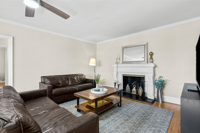 living room with a fireplace with raised hearth, baseboards, wood finished floors, and crown molding