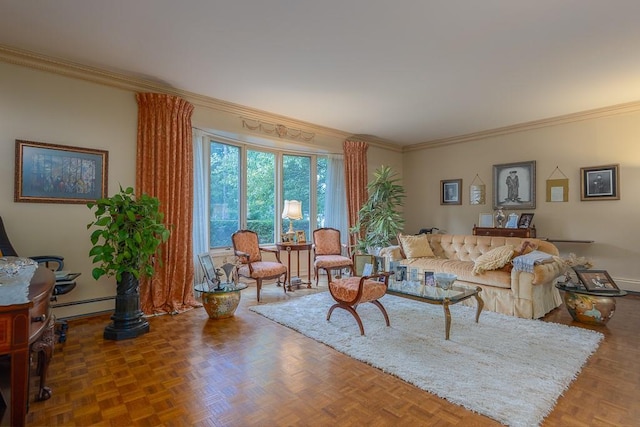 living room featuring a baseboard radiator and crown molding