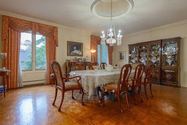 dining room featuring a baseboard radiator, crown molding, and a chandelier