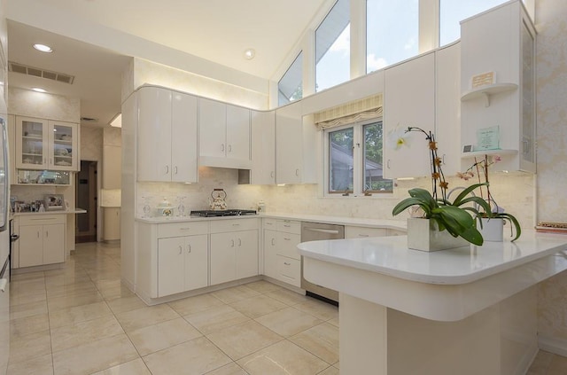 kitchen with a peninsula, light countertops, appliances with stainless steel finishes, and white cabinets