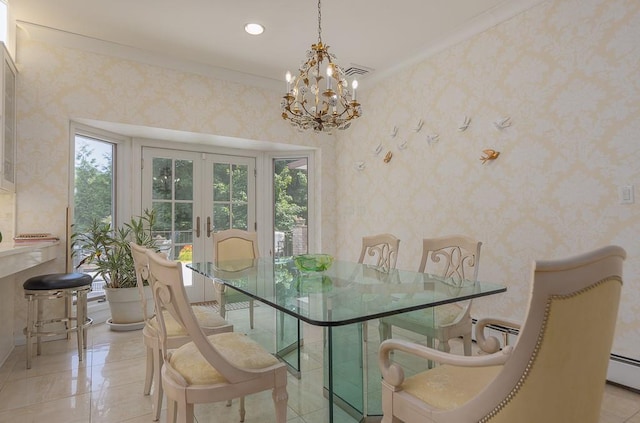 dining area featuring wallpapered walls, french doors, and plenty of natural light