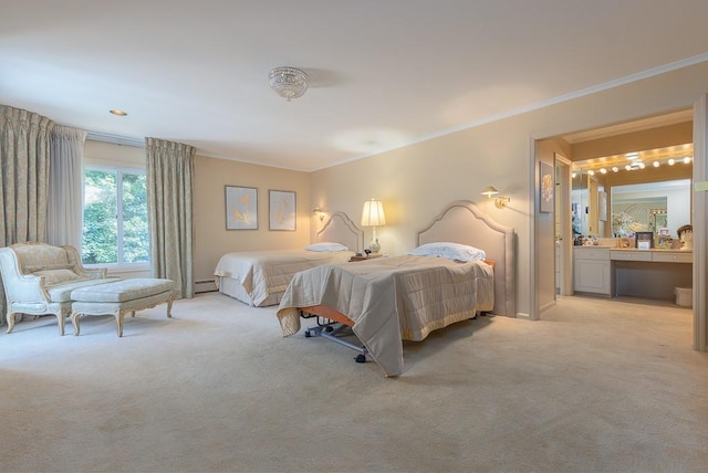 bedroom featuring light colored carpet, ornamental molding, and ensuite bath