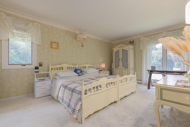 bedroom featuring wallpapered walls, light carpet, a baseboard radiator, and ornamental molding