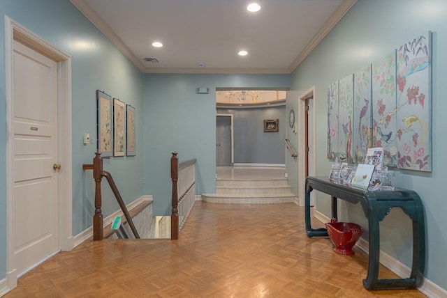 hall featuring recessed lighting, crown molding, visible vents, an upstairs landing, and baseboards