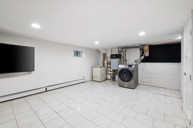 laundry area with washer / dryer, water heater, a baseboard radiator, and recessed lighting