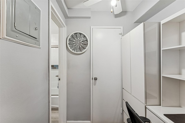 bathroom with a ceiling fan and electric panel