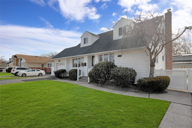 cape cod home with aphalt driveway, a garage, fence, a chimney, and a front yard