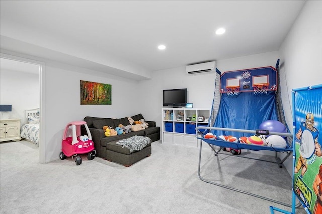 game room with carpet floors, recessed lighting, and a wall mounted AC